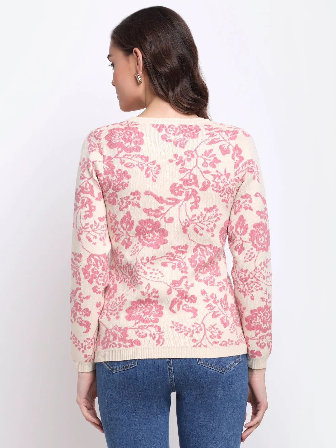 Women Pink Regular Fit Floral Printed Knitted Cardigan