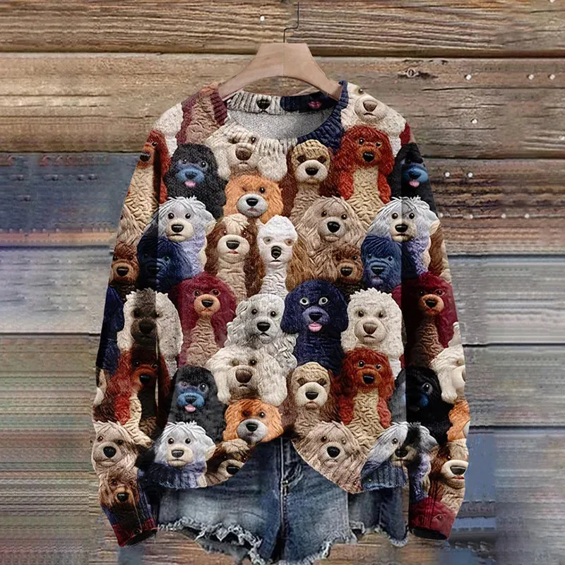 Women's Trendy Multicoloured Knitted Jumper with Dog Print | Ideal for Autumn/Winter